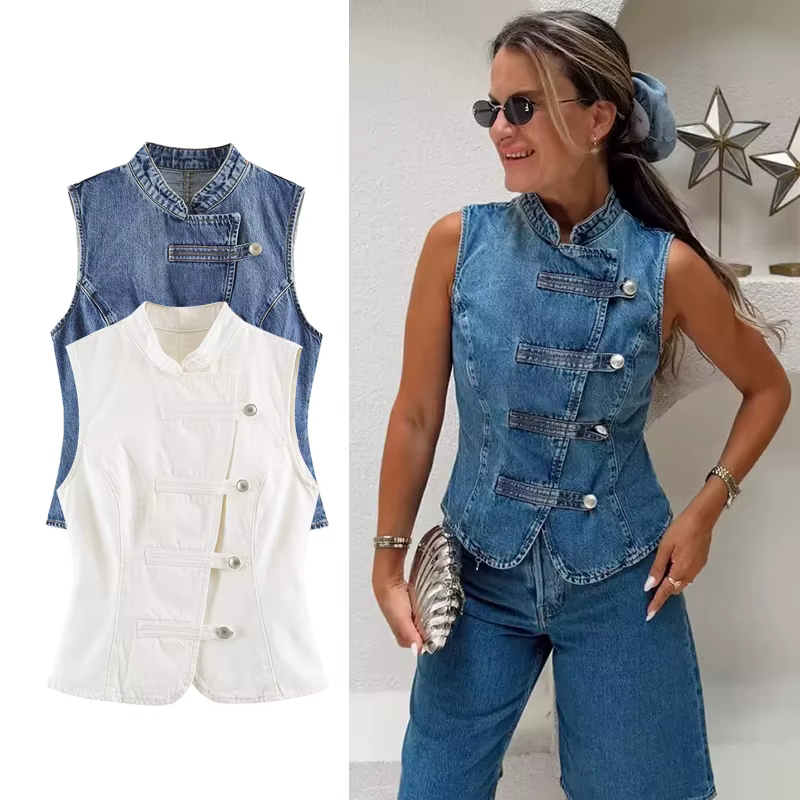 Hauts pour femmes – Nouvelle collection été 2026 : Blouse en jean rétro chic pour femme
