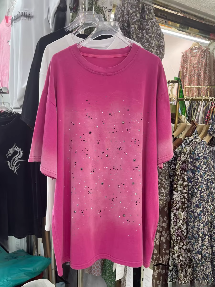 Rétro lavé strass T-shirt été femmes col rond manches courtes surdimensionné t-shirts femme mode hauts amples