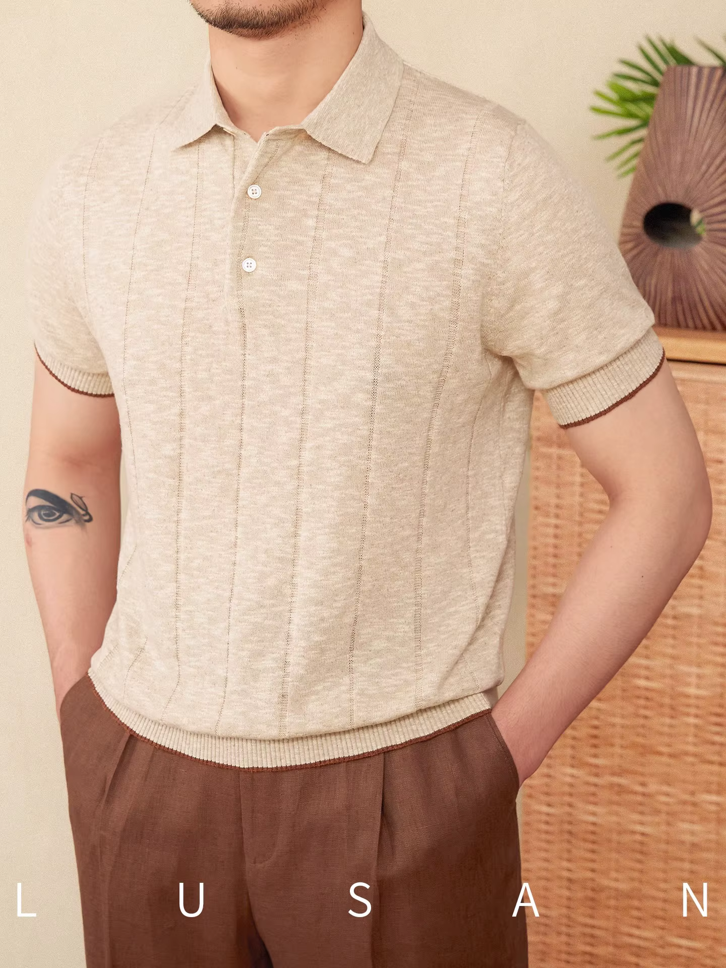 Polo tricoté en lin et coton mélangé pour hommes