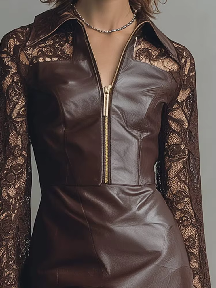Robes en cuir PU pour femmes élégantes col de chemise marron demi-fermeture éclair dentelle à manches longues