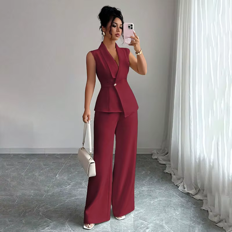 Ensemble élégant 2 pièces pour femme : Gilet blazer sans manches à col en V et pantalon large – Tenue de bureau professionnelle