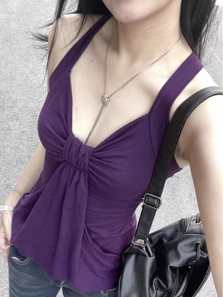 Aoaiiys Débardeur Violet Plissé Halter pour Femme
