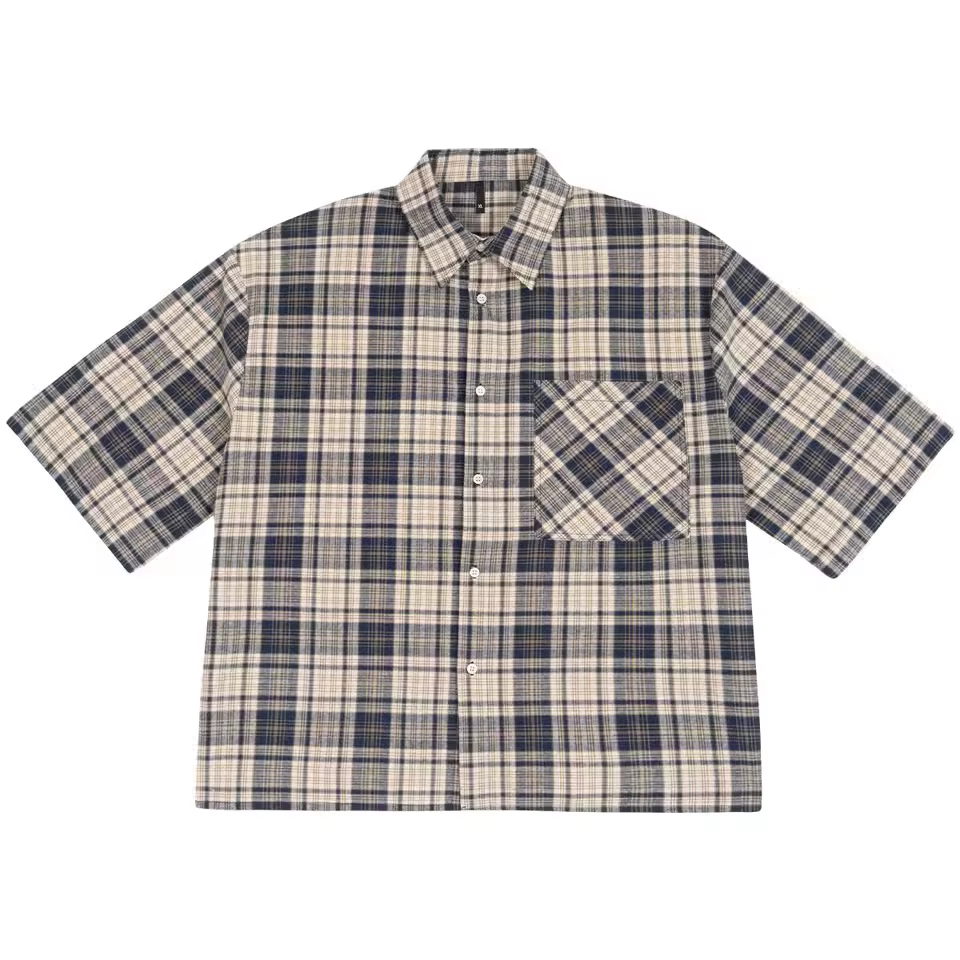 Fabricant de chemises en flanelle personnalisées 100% coton à manches courtes recadrée à carreaux Boxy chemise boutonnée pour hommes