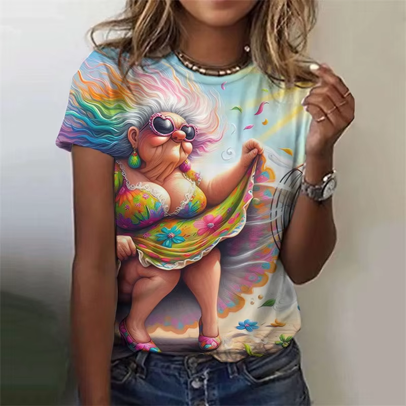 T-Shirt grand-mère de dessin animé imprimé en 3D pour femmes