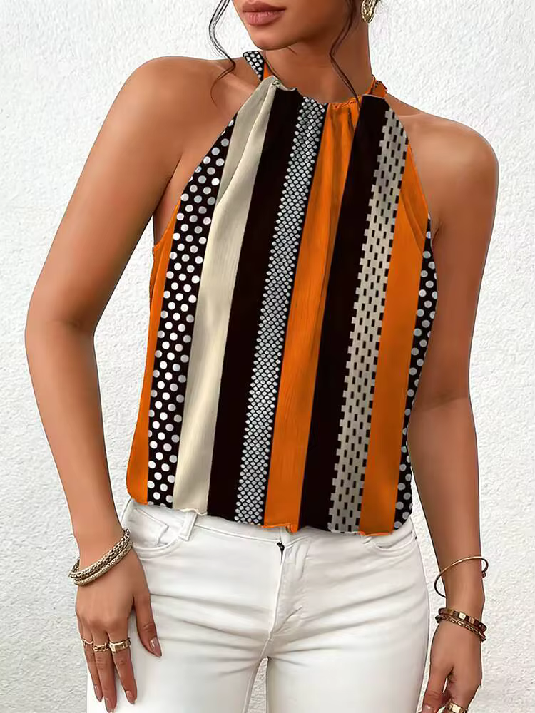 Débardeur Femme Printemps-Été Orange Marron Rayé à Pois Col Halter Sans Manches Style Rétro Chic Quotidien Décontracté