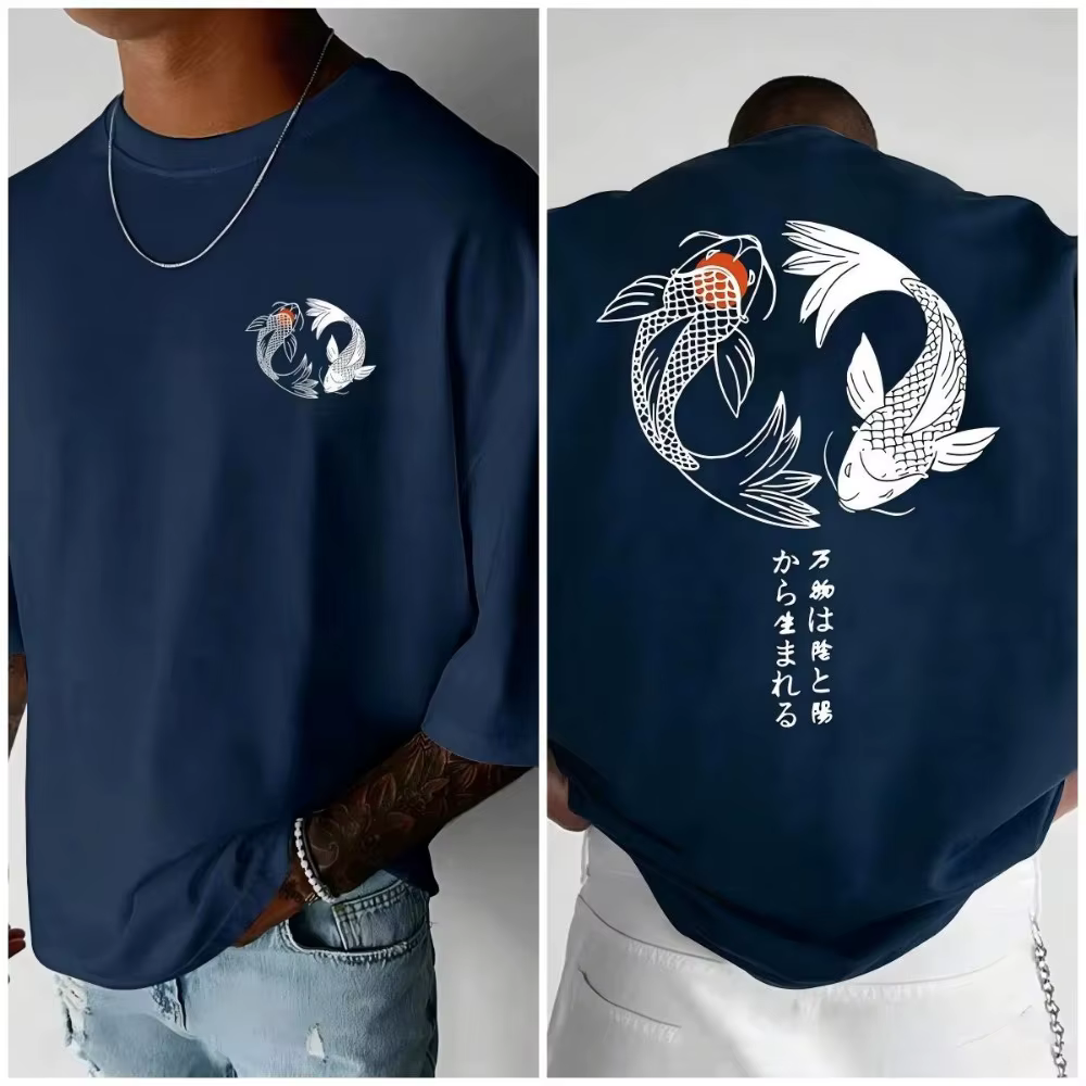 T-shirt en pur coton avec imprimé double poisson koi de style chinois sur les deux côtés