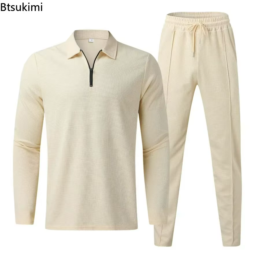 Nouveaux hommes décontracté à manches longues Polo + pantalons de survêtement ensembles de costume solide
