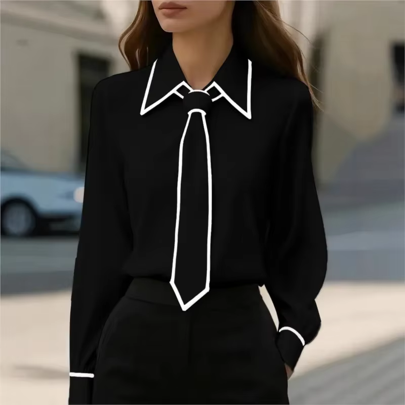 Chemisier pour femmes, chemise à la mode, nœud papillon formel, manches longues, garniture contrastée, vêtements de travail ajustés, chemises de bureau élégantes pour dames