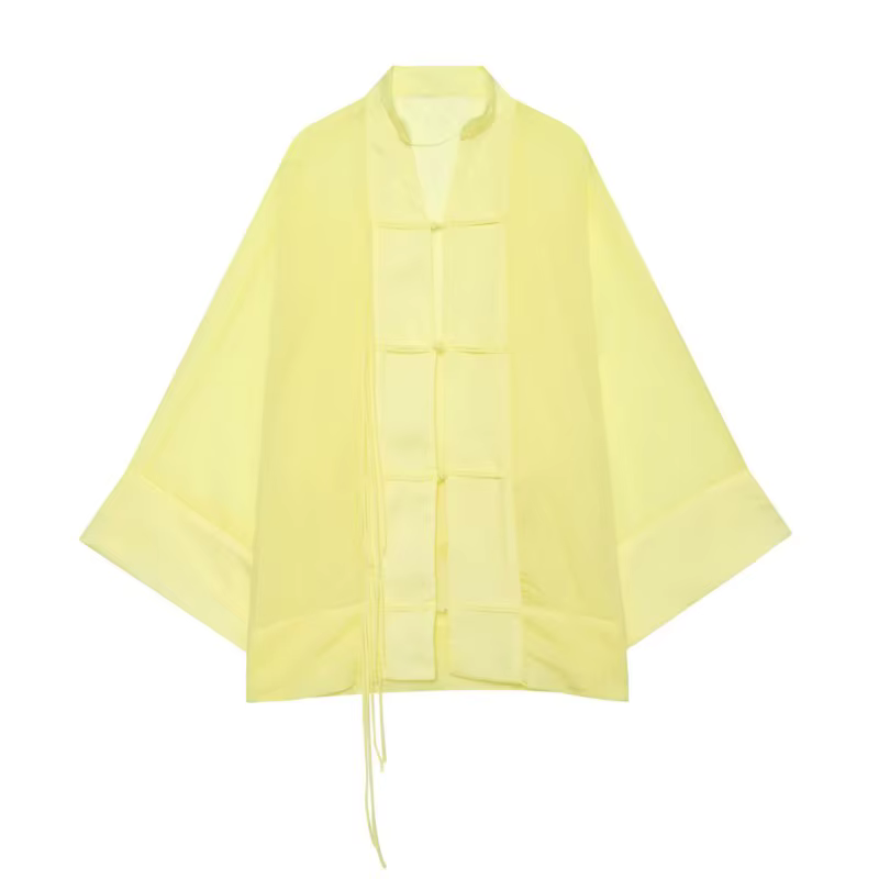 Nouvelle Blouse Fluide Femme Été 2026 Décontractée à Boutons Grenouille Col Rond Manches Longues à Revers Légère Hauts