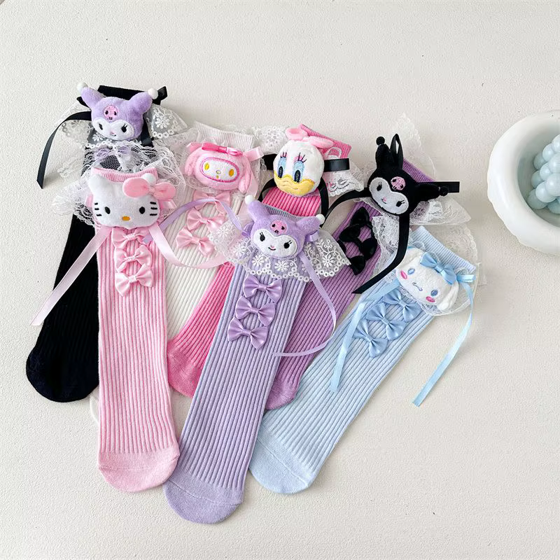 Chaussettes hautes imprimées Kuromi mignonnes pour femmes et filles, chaussettes longues en coton doux à motif de dessin animé Kawaii, décontractées pour le quotidien, vente en gros