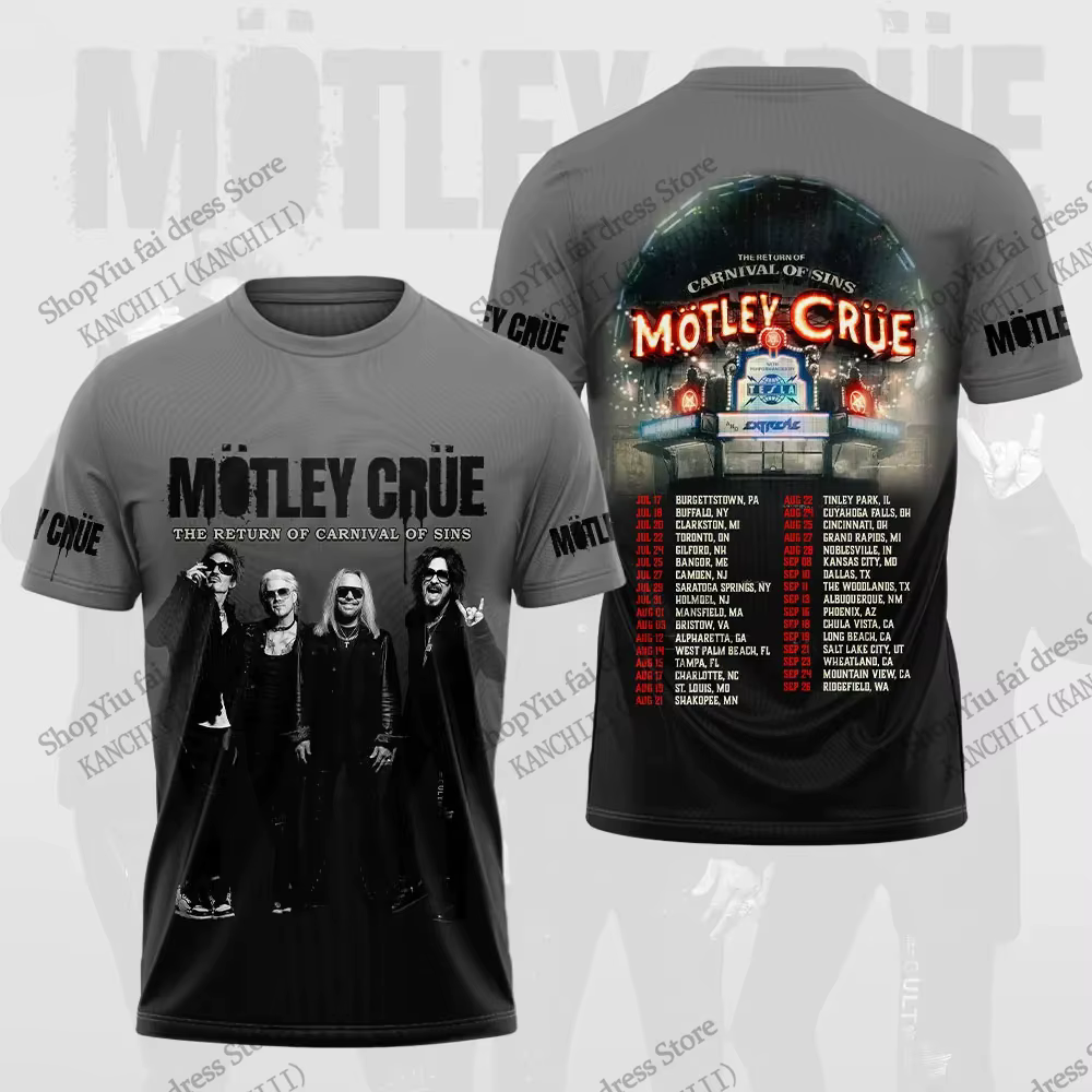 Nouveau T-shirt d'été imprimé 3D Motley Crue Tour Hip Hop Heavy Metal Rock Band pour Hommes
