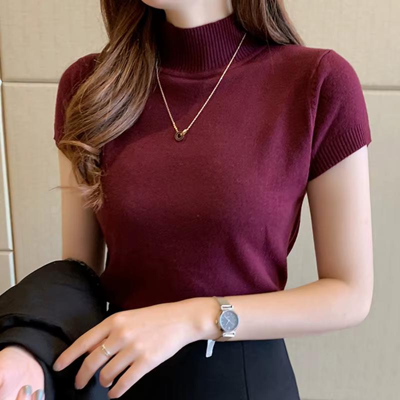 Demi col roulé mince tricoté T-shirt femmes élégant solide à manches courtes décontracté polyvalent printemps hauts