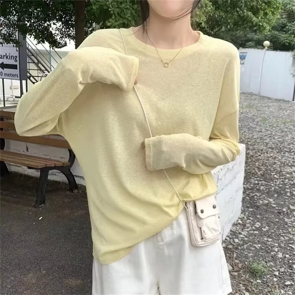 2025 T-shirt ample femmes élastique basique T-shirts femme décontracté hauts à manches longues Sexy mince