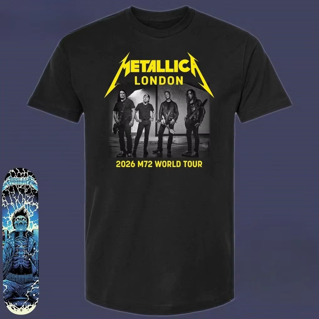 T-shirt Metallica M72 London 2026 avec les dates de la tournée mondiale des membres du groupe