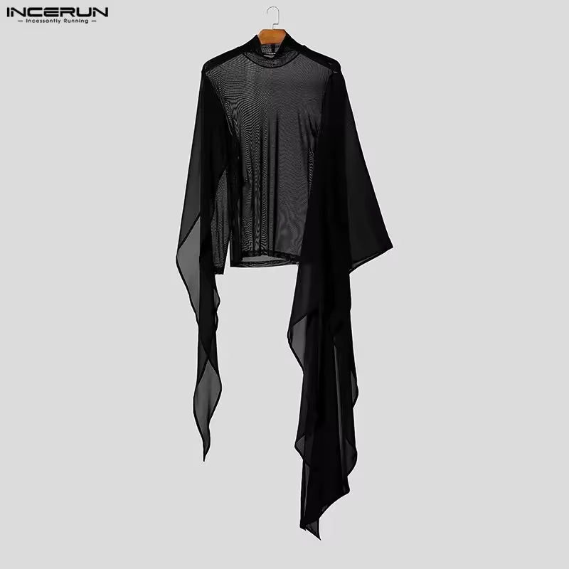 INCERUN hommes t-shirt maille Patchwork voir à travers col roulé à manches longues