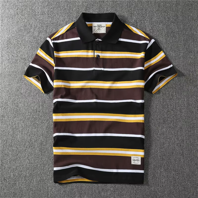 Coton épais May kaki vintage couleur contraste revers rayé polo à manches courtes T-shirt hommes mode