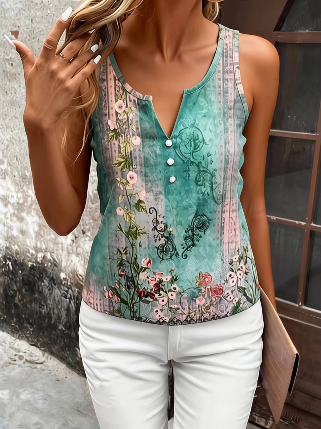 Débardeur Femme Printemps-Été Imprimé Floral Rétro Vert Teal Rose Col V Boutonné Sans Manches Ourlet Dentelle Coupe Slim Élégant Quotidien Décontracté
