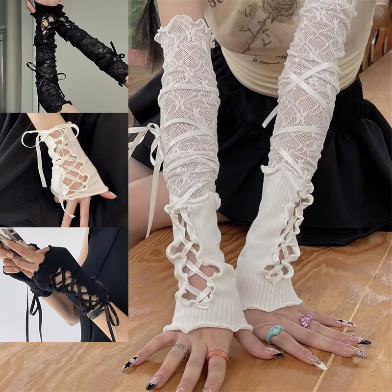 Femmes cerclage dentelle sans doigts chaud Sexy bras manches bricolage à lacets gants de protection solaire maille