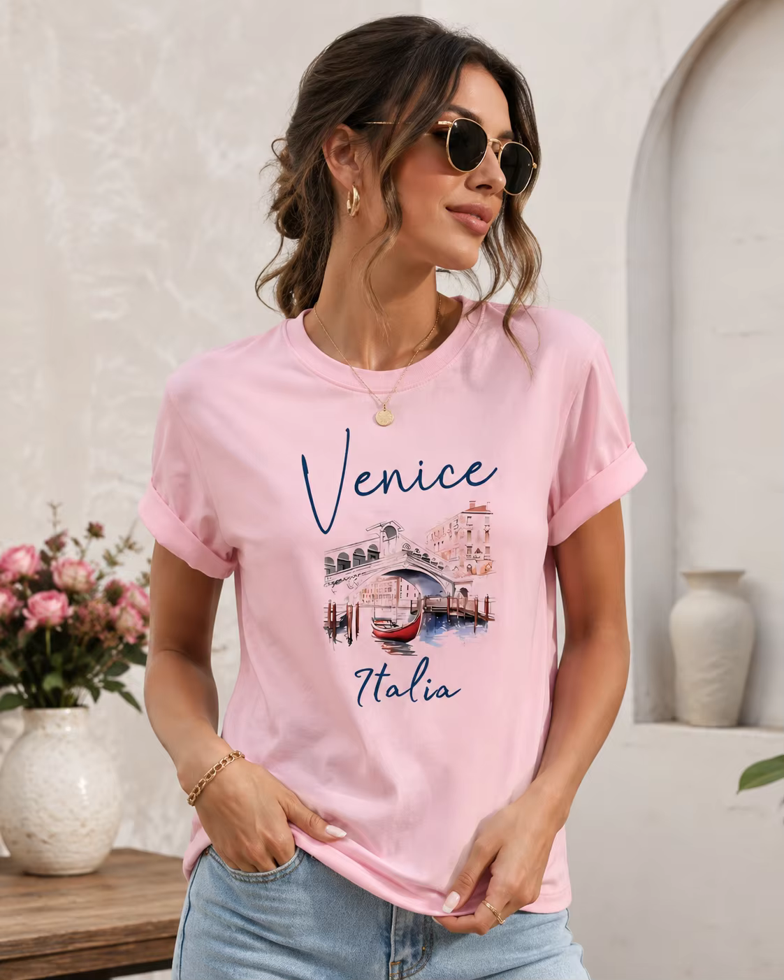 T-shirt Femme Col Rond Imprimé Lettres Vénitiennes Italiennes Manches Courtes Décontracté Tendance – Meilleure Vente