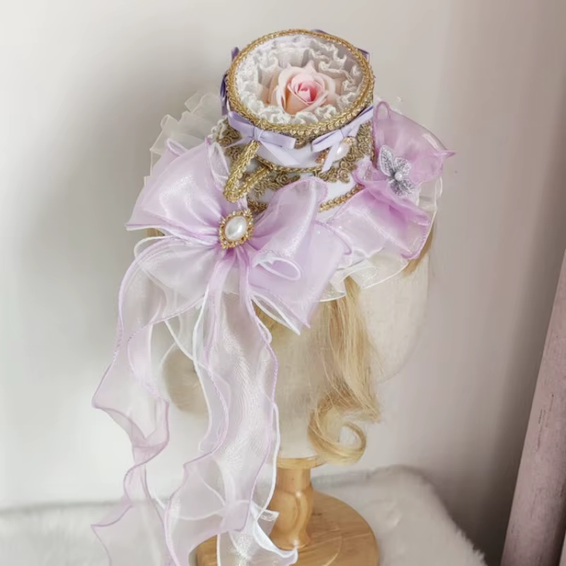 Chapeau haut de forme rose Lolita pour filles avec long ruban