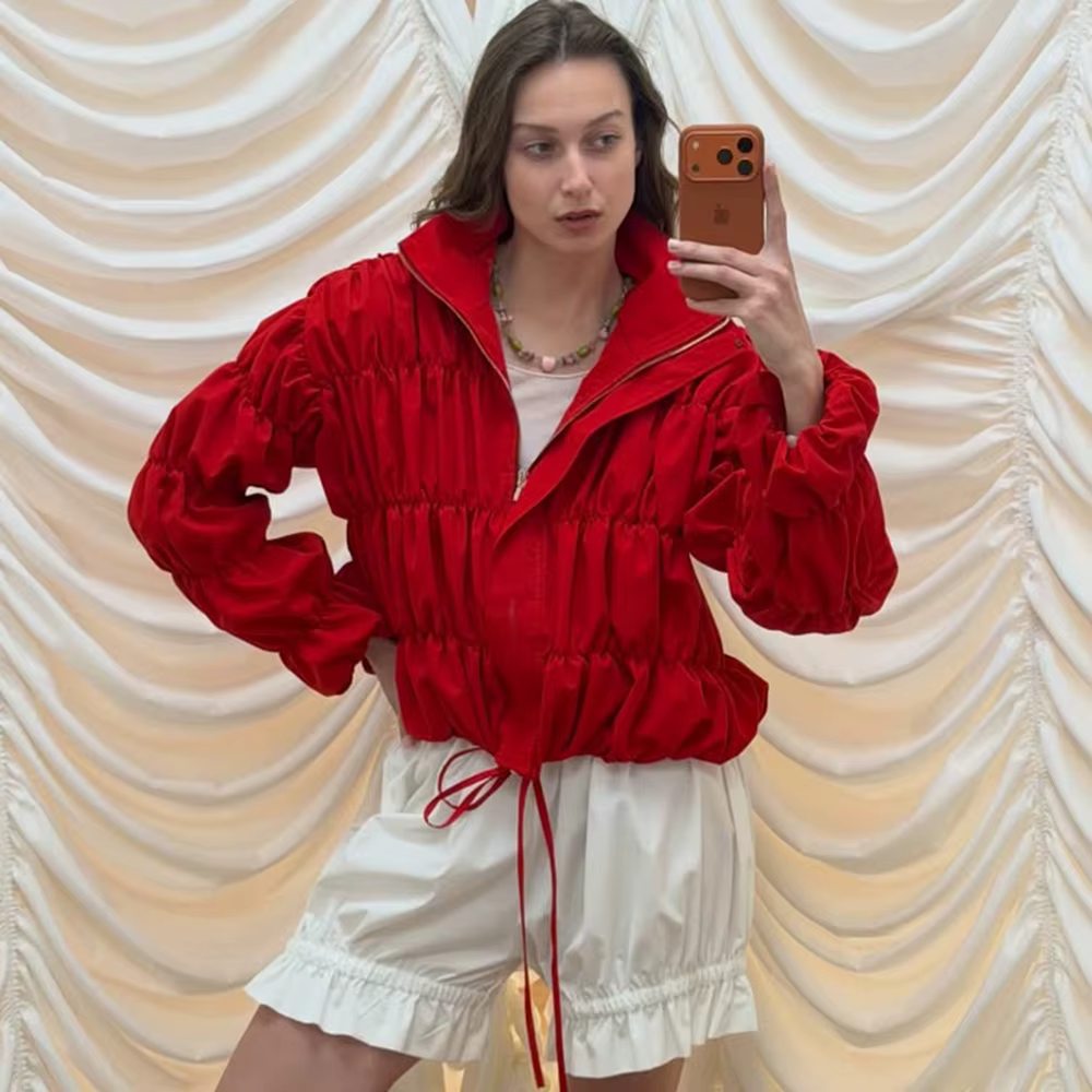 Talenza mode rouge veste femmes nouveau froncé cordon Patchwork haut décontracté Vintage surdimensionné Streetwear