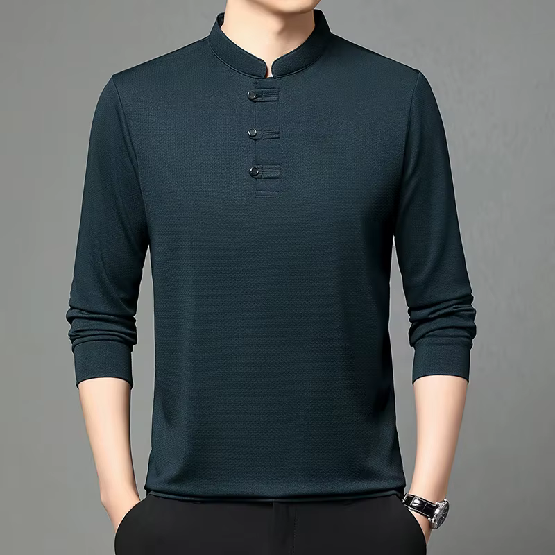 Printemps automne hommes Style chinois col montant polos mode coupe ajustée à manches longues