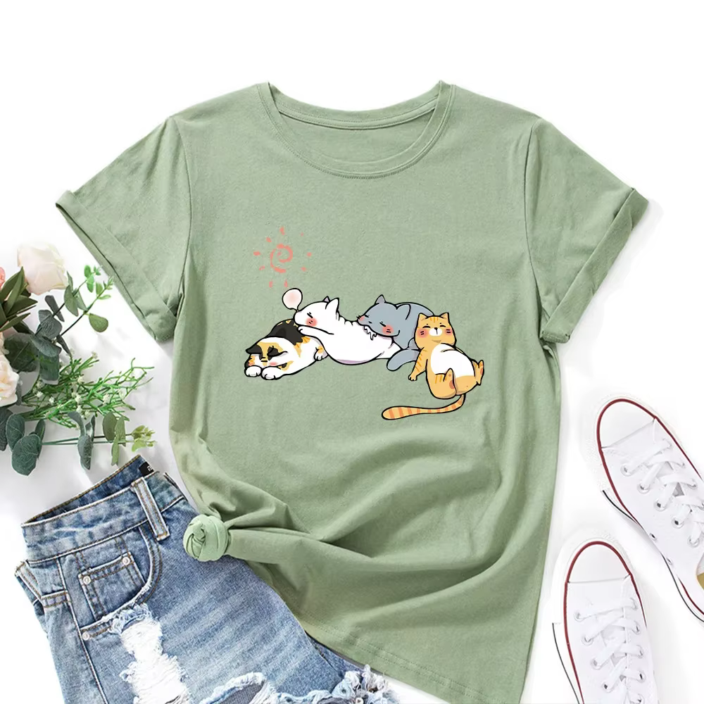 100% coton femmes T-shirt dormir chat imprimé graphique t-shirts amples chemise à manches courtes femme