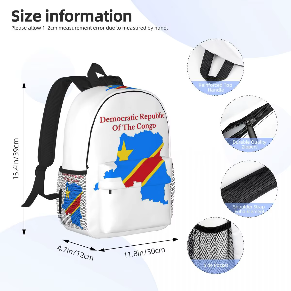 République démocratique du Congo drapeau carte sac à dos étudiant garçon fille BookBag enfants sac d'école ordinateur sacs à bandoulière pour hommes femmes