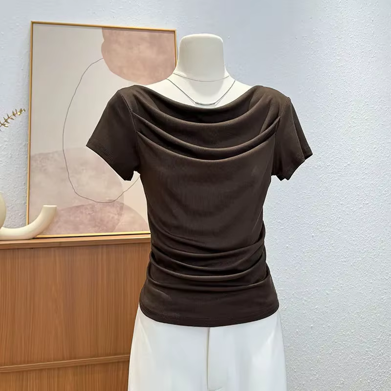 T-shirt drapé à col bénitier et manches courtes pour femme, en modal, coupe ajustée, taille froncée, élégant et décontracté, idéal comme sous-vêtement.