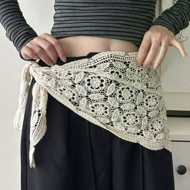 Bandana Crochet fleur Triangle foulard tricoté fleurs taille ceinture femmes Lolita Style coréen écharpe bandeau cheveux accessoires
