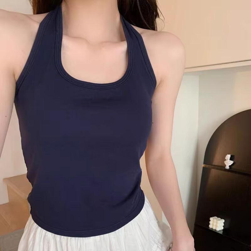 Nouveau coton bleu côtelé tricoté Sexy hauts col été chemises de base maigre mince Sport gilet décontracté épaules dénudées débardeur pour femmes