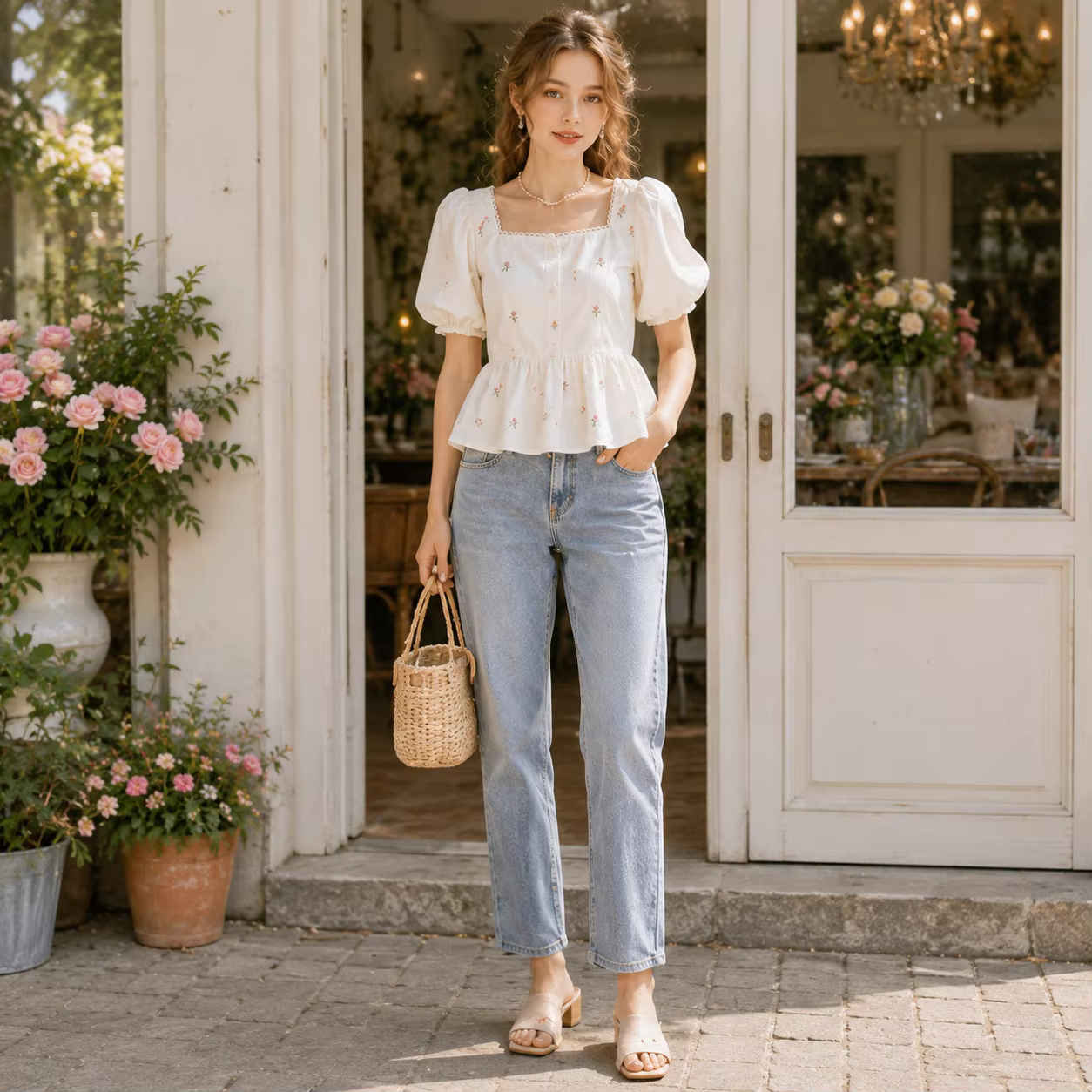 Chemisier floral pour femme à col carré et manches bouffantes, style peplum, coupe ajustée, style babydoll, manches courtes, idéal pour l'été, style cottagecore
