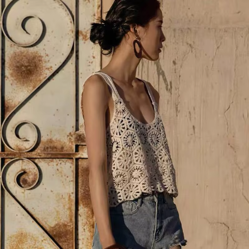 Femmes Crochet Récolte pour Débardeur Boho Creux Tricot Floral Camisole Sans Manches Cove