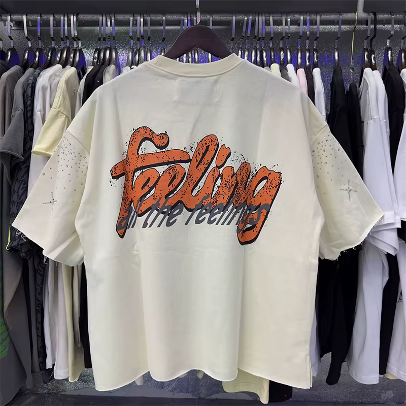 T-shirt court unisexe en molleton French Terry vert abricot avec imprimé graphique streetwear et strass
