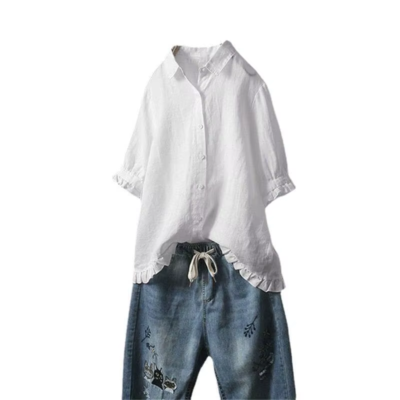 Chemise en coton et lin à manches courtes pour femme