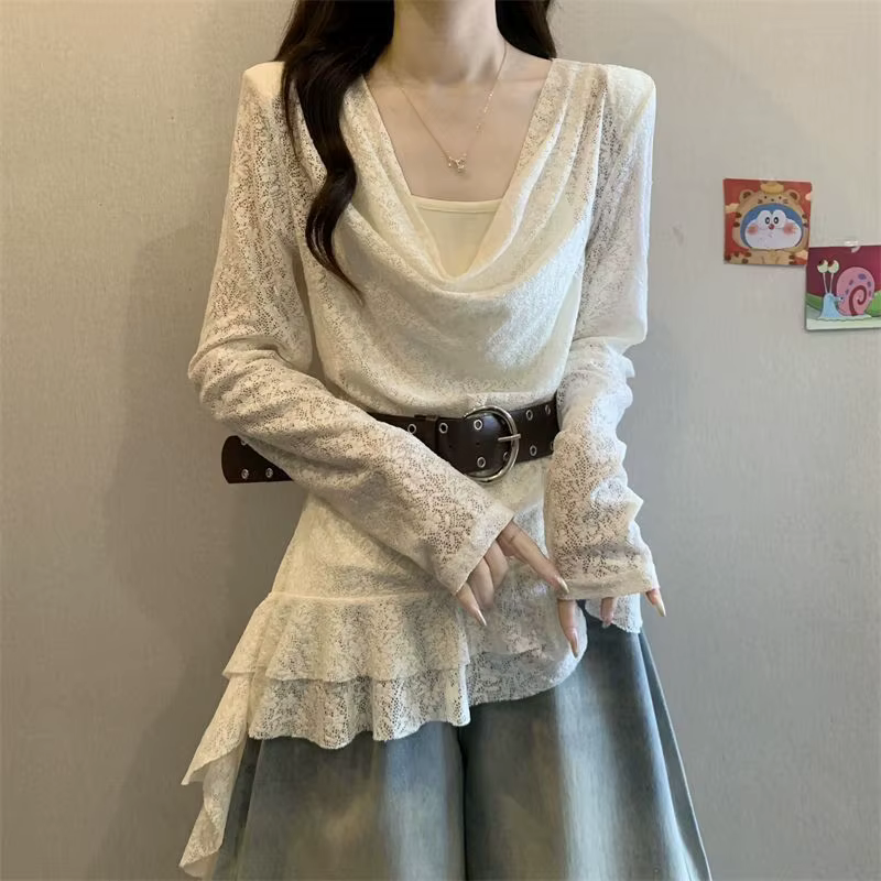 T-shirt élégant à manches longues et col en dentelle pour femme