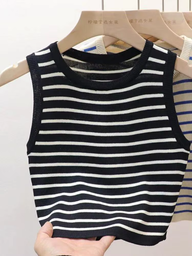 Nouveauté 2026 – Débardeurs rayés tricotés sans manches pour femme – T-shirts courts élastiques et ajustés – Gilets décontractés à col en V – Camisoles pull-over