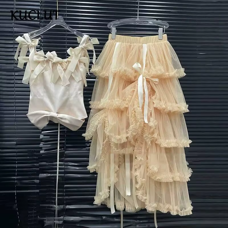 KUCLUT 2026 Nouvelle Collection Été – Débardeur sans Manches Style Vacances à la Plage avec Nœud pour Femme et Jupe Mi-longue à Taille Élastique 1A3138