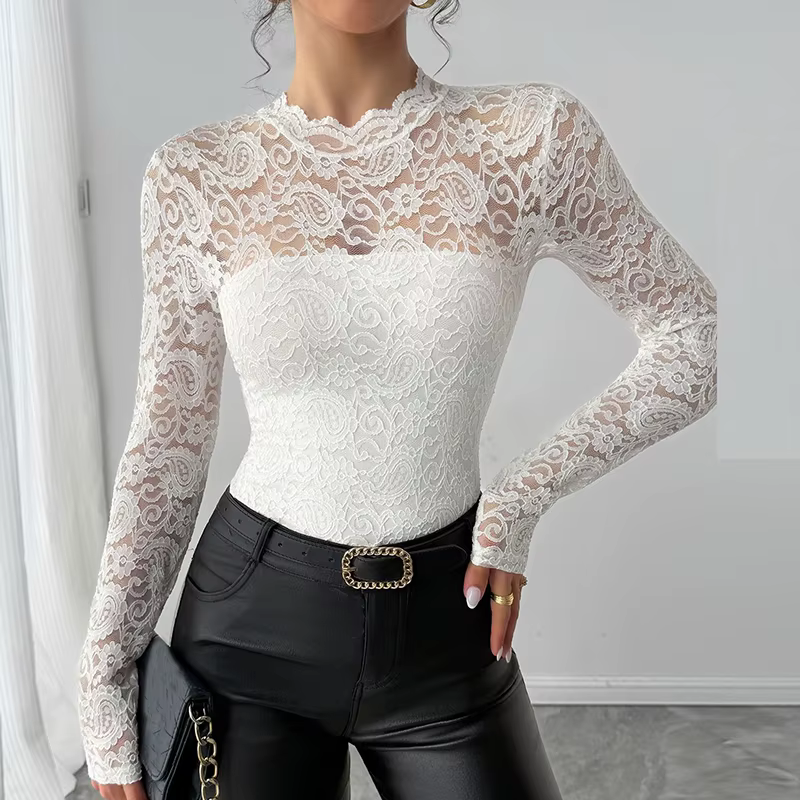 Élégant à manches longues dentelle chemise femmes Sexy transparent hauts blancs femme printemps automne col rond