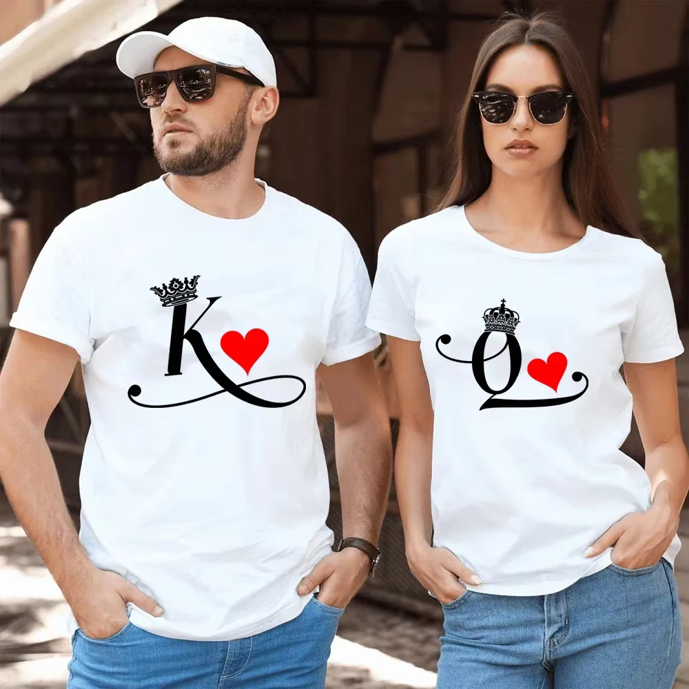 Mode lettre impression Couple t-shirt pour les amoureux nouvelle chemise coréenne Chic roi reine coeur graphique t-shirts pour les Couples