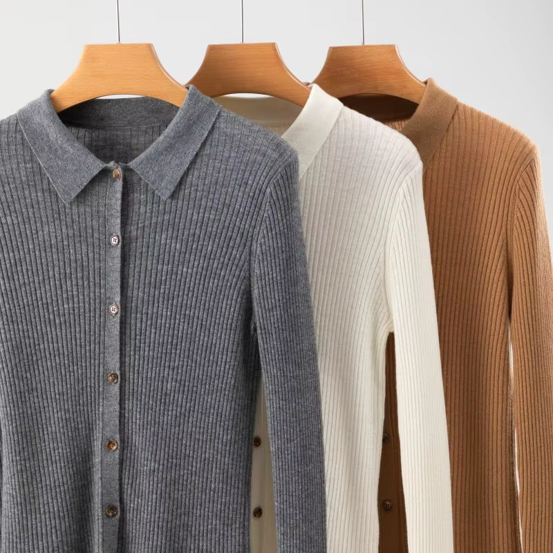Cardigan en tricot à col polo en laine mérinos 100 % super fine pour femme