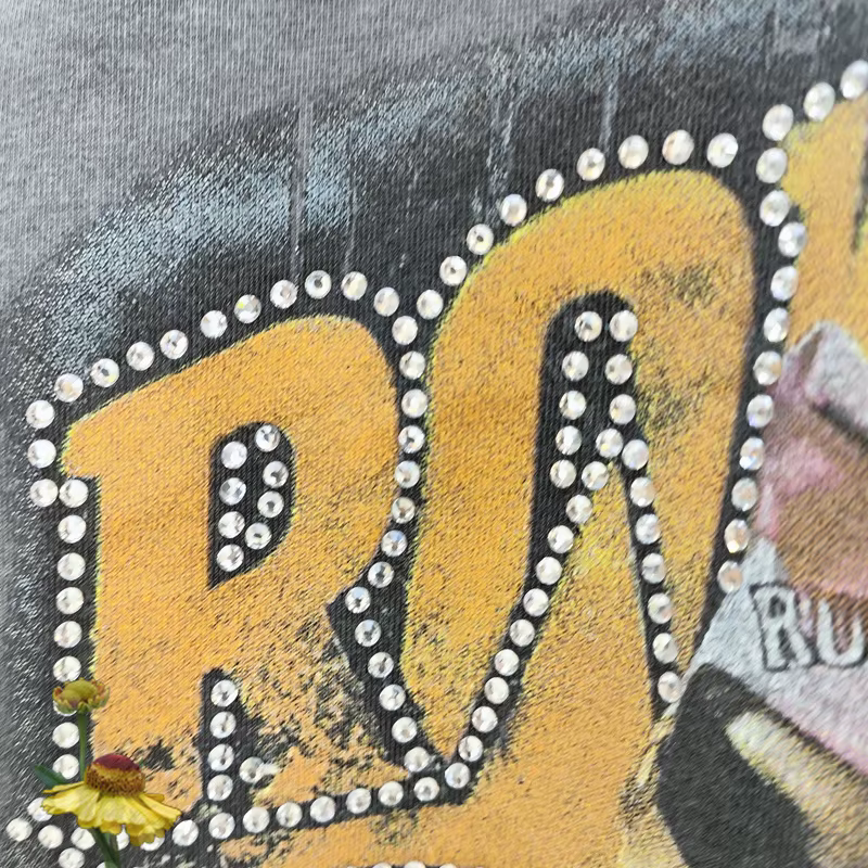 T-shirt Homme Américain Rétro Délavé à Paillettes et Clous Effet Vieilli et Troué