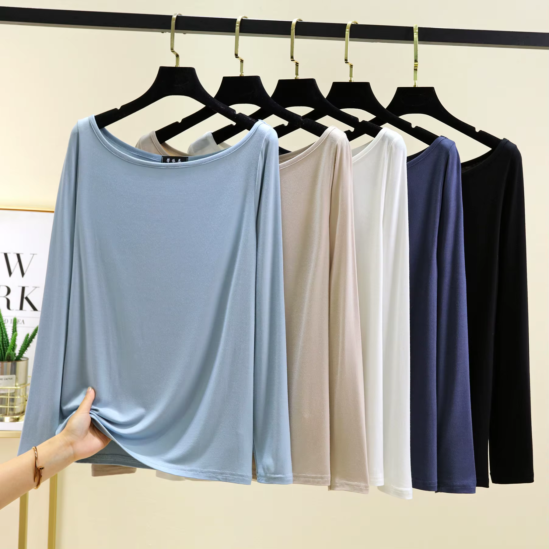 Modal col bateau t-shirts manches longues femmes coupe ajustée T-Shirt couleur unie couche de Base haut maillot de