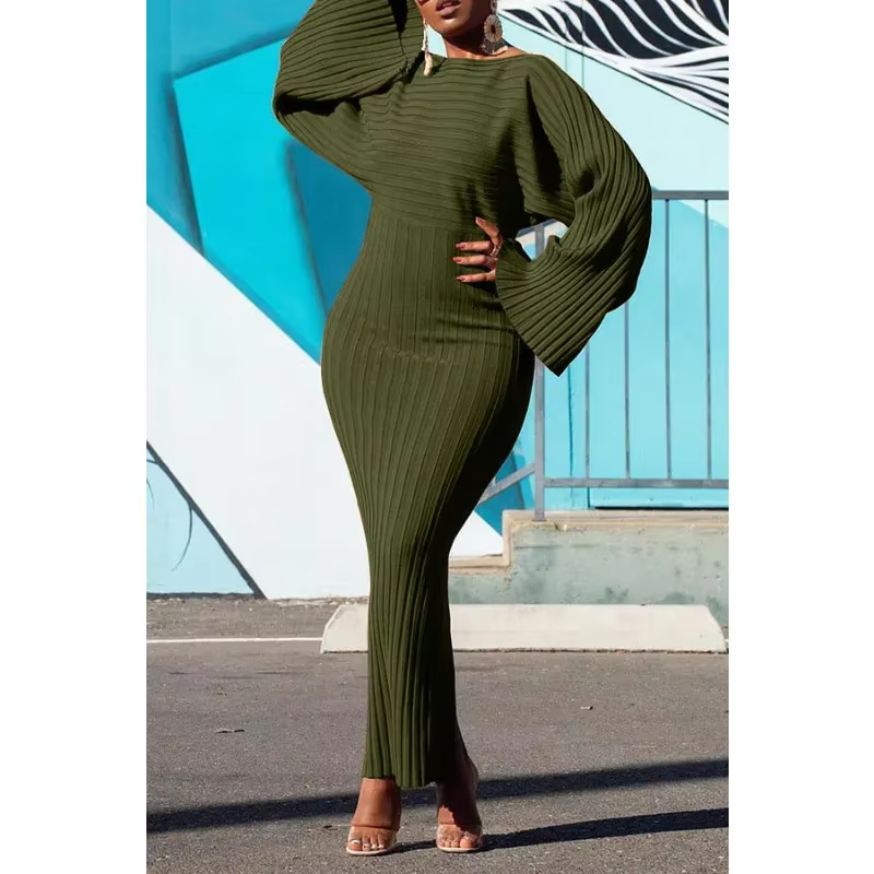 Robe noire en maille pour femme, col rond, manches longues, moulante, mi-longue, élégante, très extensible, légère et ample