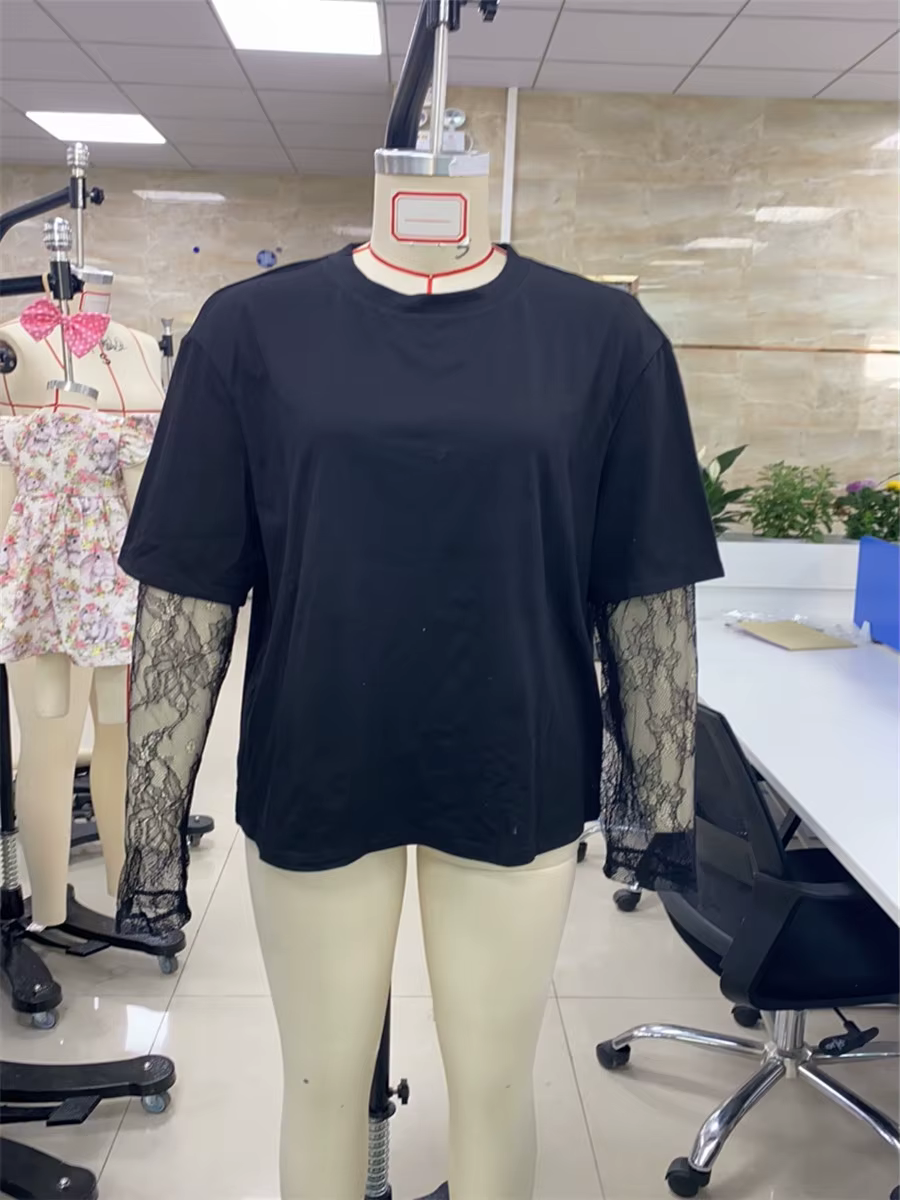 Femmes col rond T-Shirt dentelle à manches longues chemises décontractées printemps automne coupe ample hauts dames couleur unie T-Shirt pour Streetwear Y2K 00s