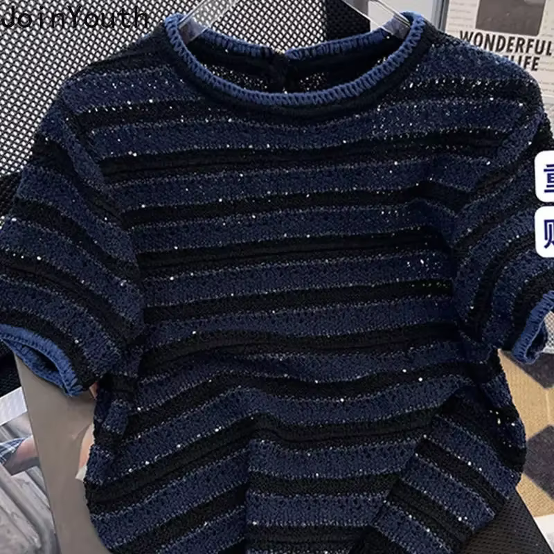 Chemises pour femmes tricot t-shirts 2025 Ropa Mujer à manches courtes col rond rayé