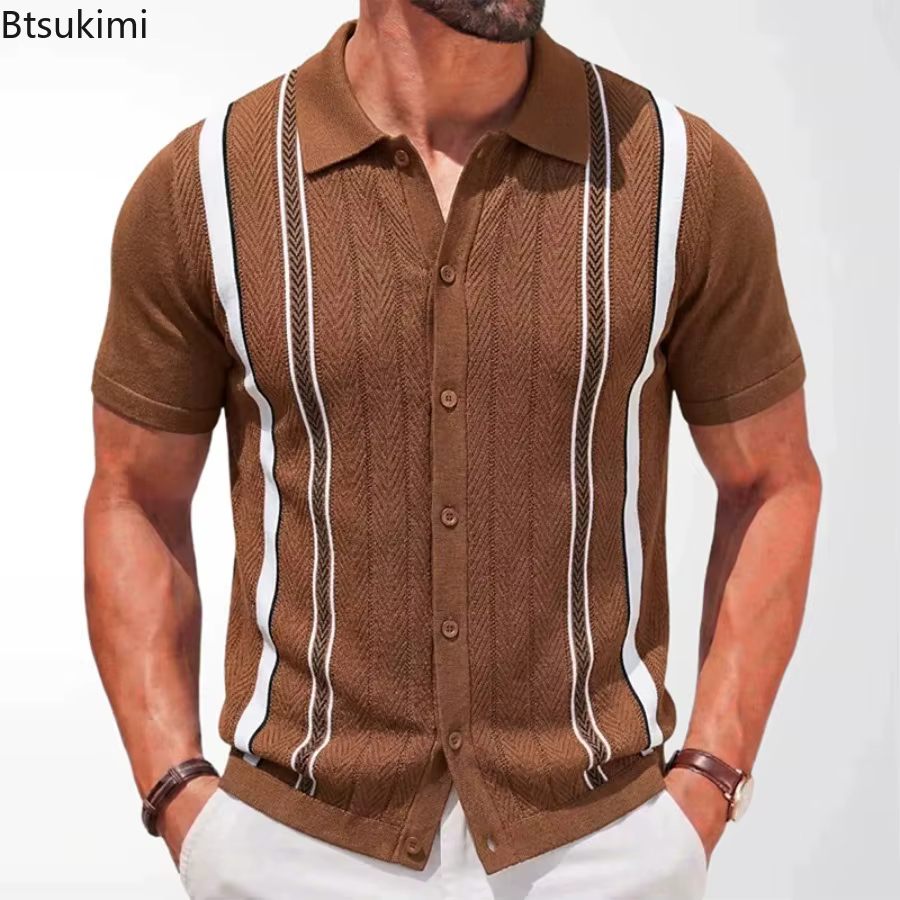 Chemises polo en tricot rayées rétro pour hommes