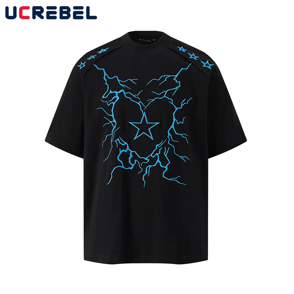 Lightning coeur broderie à manches courtes T-shirt hommes été haute rue col rond demi