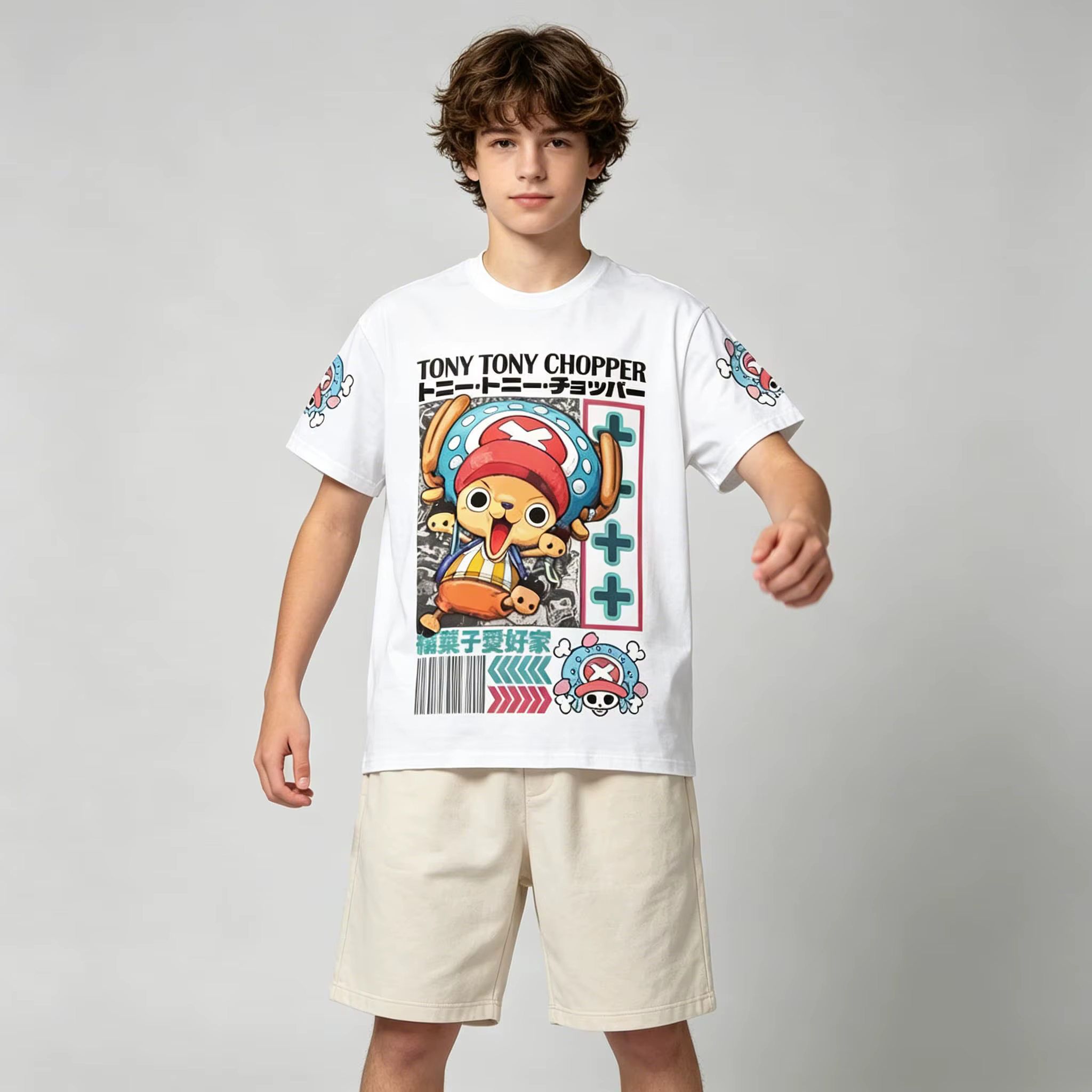 T-shirt en coton imprimé double face Anime One Piece Tony Chopper pour hommes