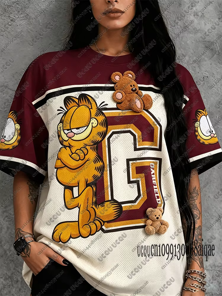 T-shirt d'été à motif de dessin animé Garfield pour femmes